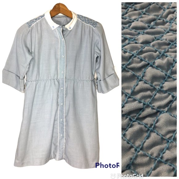 Vintage Polly Flinders Hand Smocked Button Front Blue Dress Girls 12 (Women's L) - Picture 1 of 15